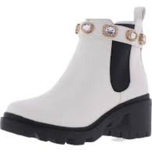 Steve Madden Amulet Rhinestone Block Heel Chelsea Boots White Black 8.5 NEW